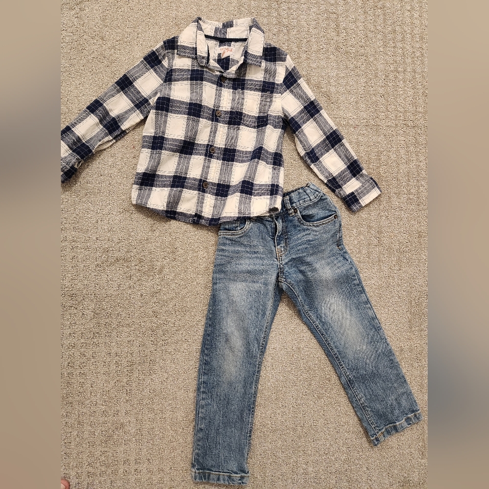 Cat & Jack Toddler Boy fall winter 2 piece outfit jeans and plaid button up 4T